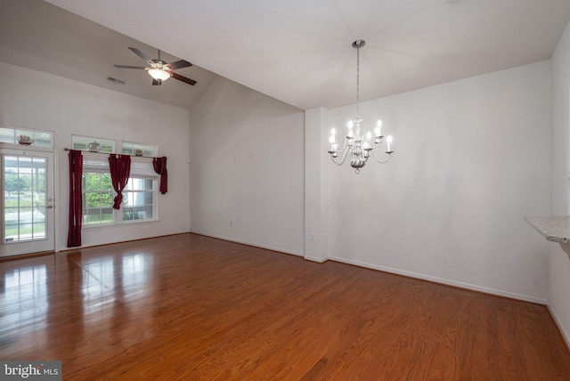 12 Juniper Ct Unit 63, Millville, DE 19967 - unfurnished dining area featuring wood finished floors, a chandelier, lofted ceiling, and a ceiling fan