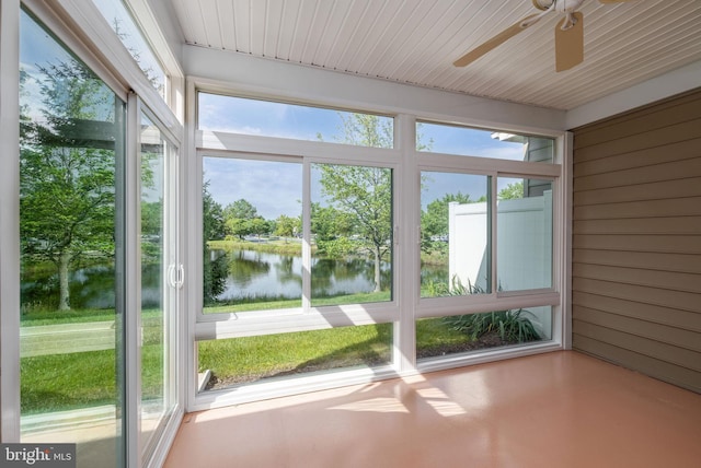 12 Juniper Ct Unit 63, Millville, DE 19967 - unfurnished sunroom with a water view, a ceiling fan, healthy amount of natural light, and wood walls