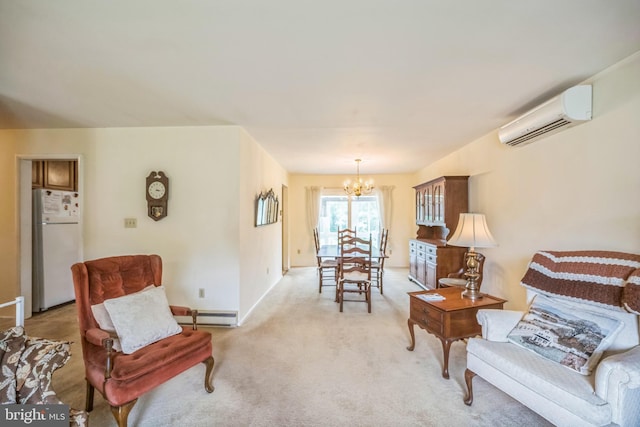 23 Maple St, Ashland, PA 17921 - living area featuring a wall mounted AC, a chandelier, baseboard heating, and light carpet