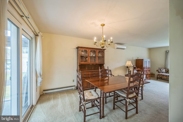 23 Maple St, Ashland, PA 17921 - dining room featuring baseboard heating, light carpet, a chandelier, and a wall mounted air conditioner