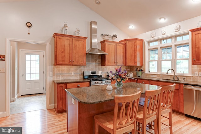 10 Elser Hill Rd, Lititz, PA 17543 - kitchen featuring appliances with stainless steel finishes, wall chimney exhaust hood, vaulted ceiling, plenty of natural light, and backsplash