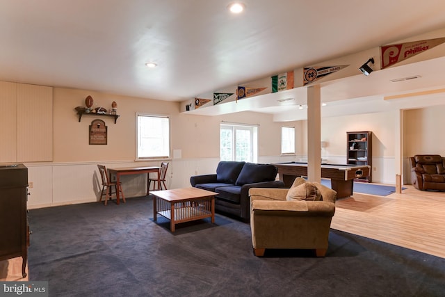 10 Elser Hill Rd, Lititz, PA 17543 - living room featuring a wainscoted wall, a decorative wall, dark colored carpet, and recessed lighting