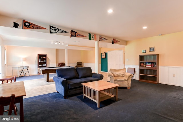 10 Elser Hill Rd, Lititz, PA 17543 - carpeted living area featuring wainscoting, recessed lighting, and a decorative wall