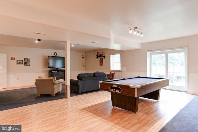 10 Elser Hill Rd, Lititz, PA 17543 - rec room featuring a wainscoted wall, billiards, wood finished floors, and a decorative wall
