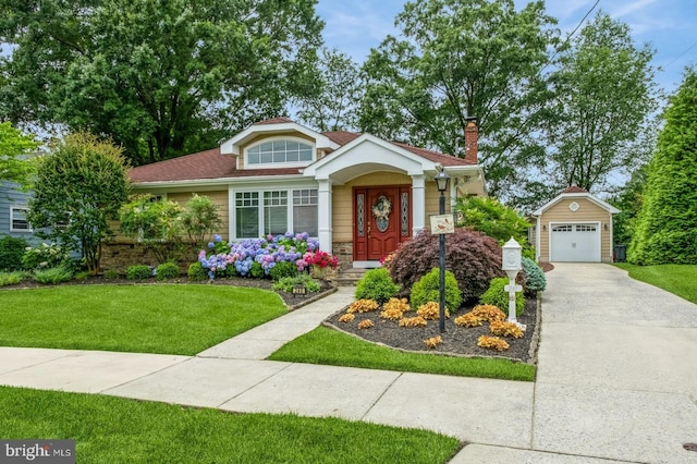 240 Meadow Dr, Haddonfield, NJ 08033 - view of front of property featuring an outbuilding, driveway, a front yard, a chimney, and stone siding