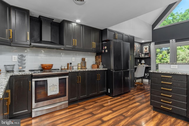 18424 Horseshoe Bend Rd, Sharpsburg, MD 21782 - kitchen featuring electric range, freestanding refrigerator, wall chimney exhaust hood, dark cabinetry, and high vaulted ceiling