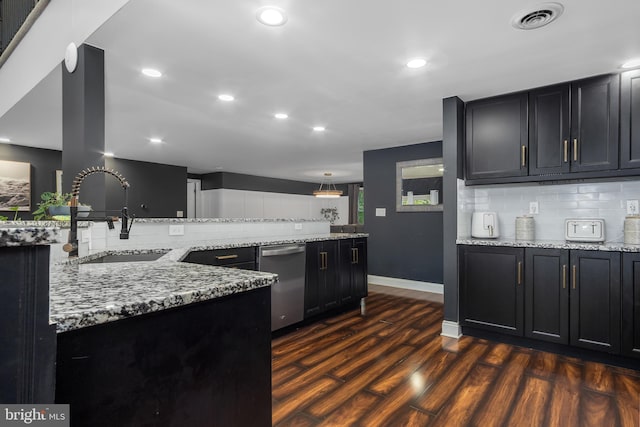 18424 Horseshoe Bend Rd, Sharpsburg, MD 21782 - kitchen featuring dishwasher, backsplash, dark wood-style flooring, dark cabinetry, and recessed lighting
