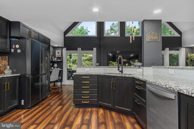 18424 Horseshoe Bend Rd, Sharpsburg, MD 21782 - kitchen with stainless steel dishwasher, freestanding refrigerator, high vaulted ceiling, dark wood-style flooring, and light stone counters