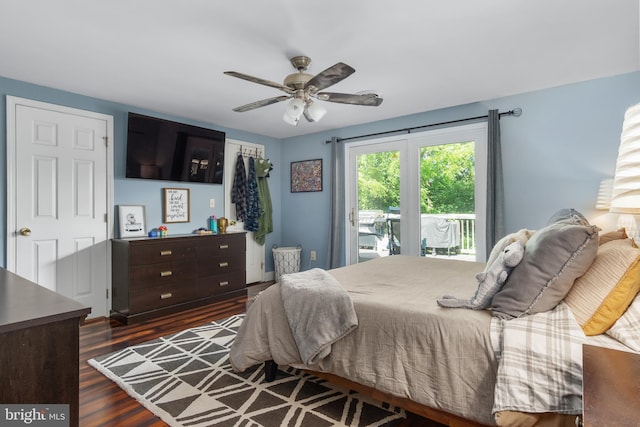 18424 Horseshoe Bend Rd, Sharpsburg, MD 21782 - bedroom with access to exterior, dark wood-style floors, and a ceiling fan