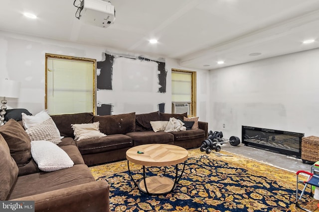 18424 Horseshoe Bend Rd, Sharpsburg, MD 21782 - living room with recessed lighting, cooling unit, and a glass covered fireplace