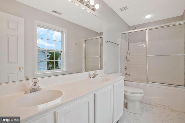 6483 Sedgwick St, Elkridge, MD 21075 - bathroom with double vanity, tile patterned flooring, and combined bath / shower with glass door