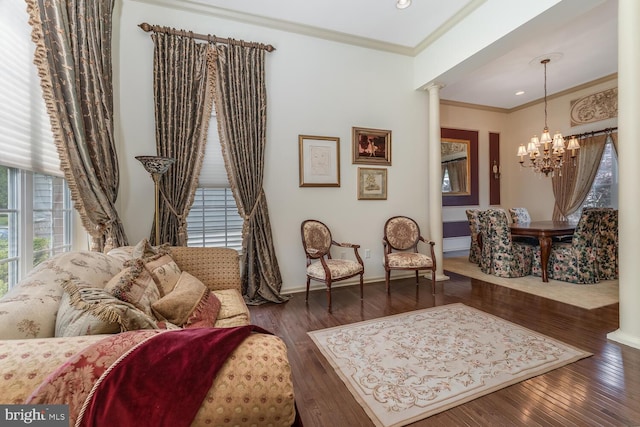 7 Colts Ln, Flemington, NJ 08822 - living room with ornamental molding, decorative columns, a chandelier, wood finished floors, and recessed lighting