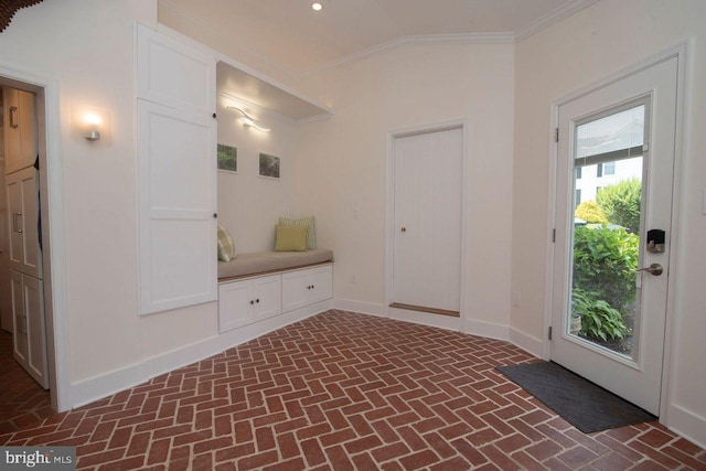 716 Old Fallston Rd, Fallston, MD 21047 - mudroom with brick patterned floors, ornamental molding, and vaulted ceiling