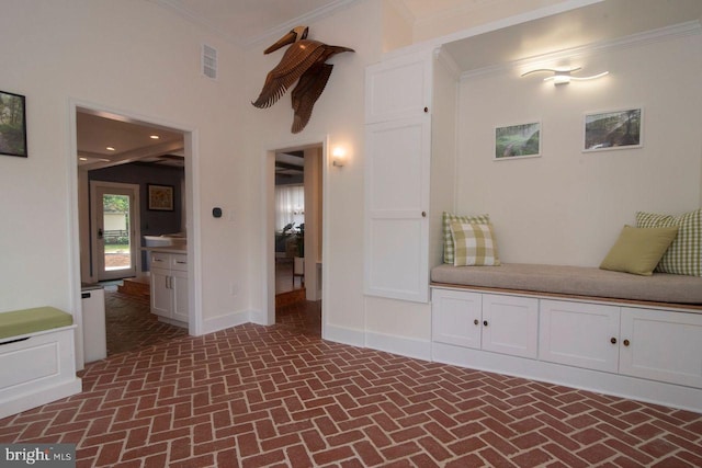 716 Old Fallston Rd, Fallston, MD 21047 - living area featuring brick floors and crown molding