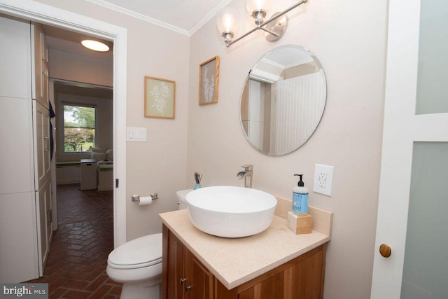716 Old Fallston Rd, Fallston, MD 21047 - bathroom featuring brick floors, vanity, crown molding, and a chandelier