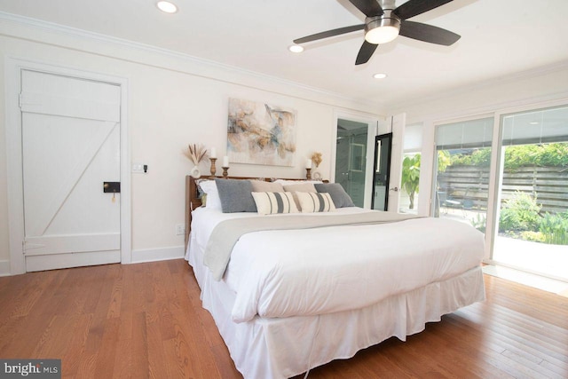 716 Old Fallston Rd, Fallston, MD 21047 - bedroom featuring ornamental molding, access to exterior, wood finished floors, recessed lighting, and ceiling fan