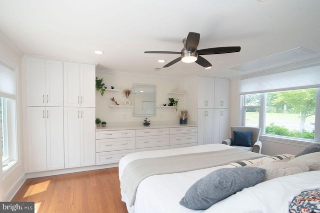 716 Old Fallston Rd, Fallston, MD 21047 - bedroom with attic access, ornamental molding, light wood-type flooring, a ceiling fan, and recessed lighting