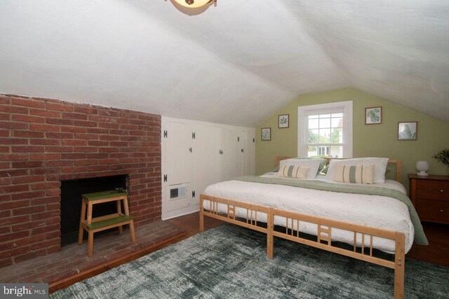 716 Old Fallston Rd, Fallston, MD 21047 - bedroom featuring lofted ceiling and a brick fireplace