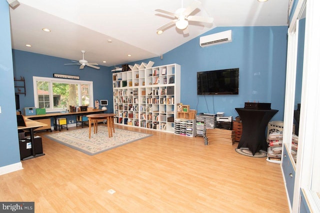 716 Old Fallston Rd, Fallston, MD 21047 - home office featuring an AC wall unit, ceiling fan, wood finished floors, vaulted ceiling, and recessed lighting