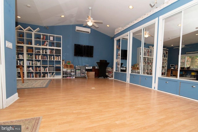 716 Old Fallston Rd, Fallston, MD 21047 - sitting room with a ceiling fan, an AC wall unit, wood finished floors, and vaulted ceiling