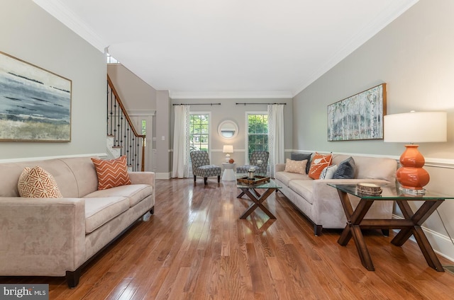 96 Becks Blvd, Ringoes, NJ 08551 - living room featuring stairs, wood finished floors, and ornamental molding