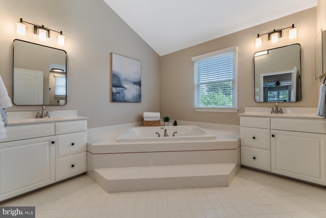 96 Becks Blvd, Ringoes, NJ 08551 - bathroom with lofted ceiling, tile patterned floors, two vanities, and a garden tub
