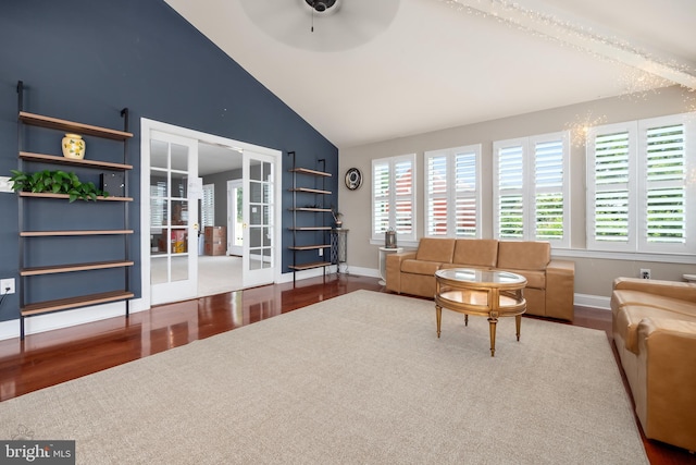 694 Ridge Rd, Telford, PA 18969 - living area with french doors, wood finished floors, a ceiling fan, and high vaulted ceiling