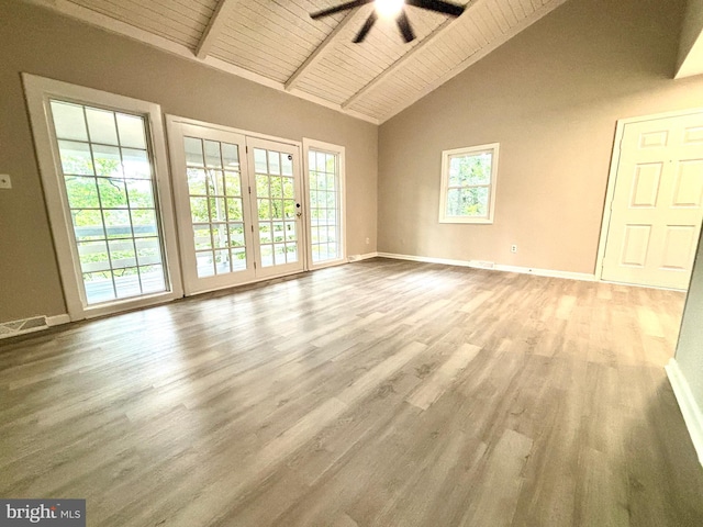 1078 Lakeview Dr, Cross Junction, VA 22625 - unfurnished room with ceiling fan, a wood ceiling with exposed beams, wood finished floors, and high vaulted ceiling