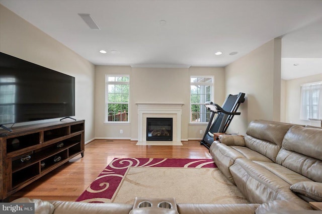 35 Gallery Rd, Stafford, VA 22554 - living area featuring wood finished floors, healthy amount of natural light, a fireplace with flush hearth, and recessed lighting