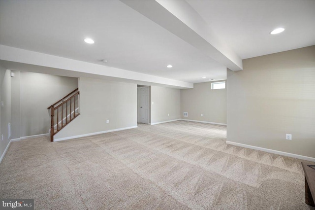 35 Gallery Rd, Stafford, VA 22554 - basement featuring stairs, light colored carpet, and recessed lighting