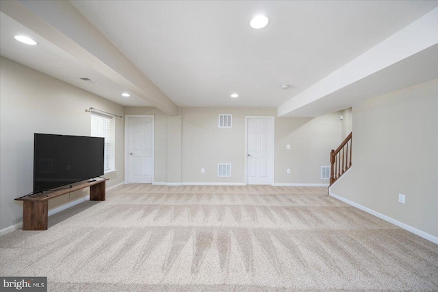 35 Gallery Rd, Stafford, VA 22554 - unfurnished living room with recessed lighting, stairway, and light carpet