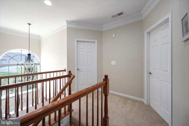 35 Gallery Rd, Stafford, VA 22554 - hall featuring a chandelier, light carpet, an upstairs landing, ornamental molding, and recessed lighting