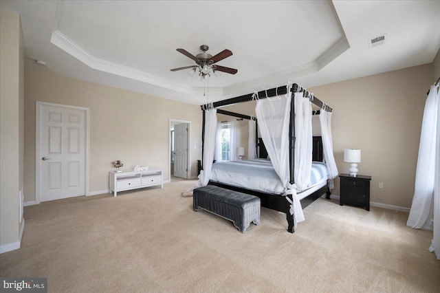 35 Gallery Rd, Stafford, VA 22554 - bedroom with a tray ceiling, light colored carpet, ornamental molding, and ceiling fan