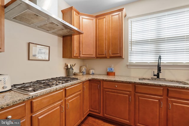 13 Doddington Blvd, Medford, NJ 08055 - kitchen featuring range hood, stainless steel gas stovetop, and light stone countertops