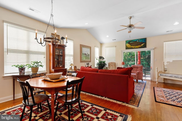 13 Doddington Blvd, Medford, NJ 08055 - dining room with hardwood / wood-style floors, ceiling fan, vaulted ceiling, a chandelier, and recessed lighting