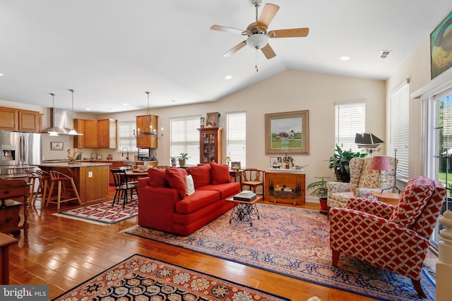 13 Doddington Blvd, Medford, NJ 08055 - living room with hardwood / wood-style flooring, a ceiling fan, lofted ceiling, and recessed lighting