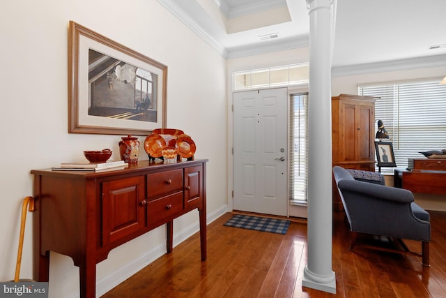 13 Doddington Blvd, Medford, NJ 08055 - foyer entrance featuring hardwood / wood-style floors, ornamental molding, decorative columns, and a tray ceiling