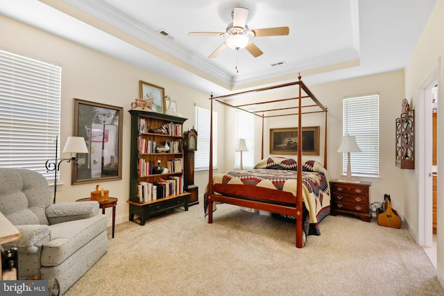 13 Doddington Blvd, Medford, NJ 08055 - bedroom featuring a tray ceiling, carpet flooring, ornamental molding, and a ceiling fan