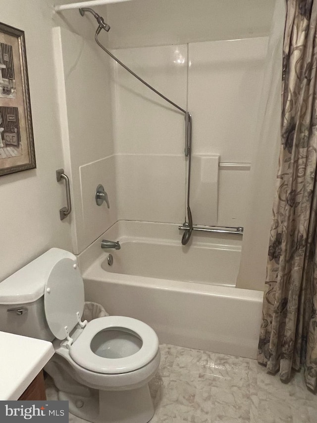 300 W New St, Glassboro, NJ 08028 - full bathroom featuring shower / tub combo with curtain, vanity, and marble look tile flooring