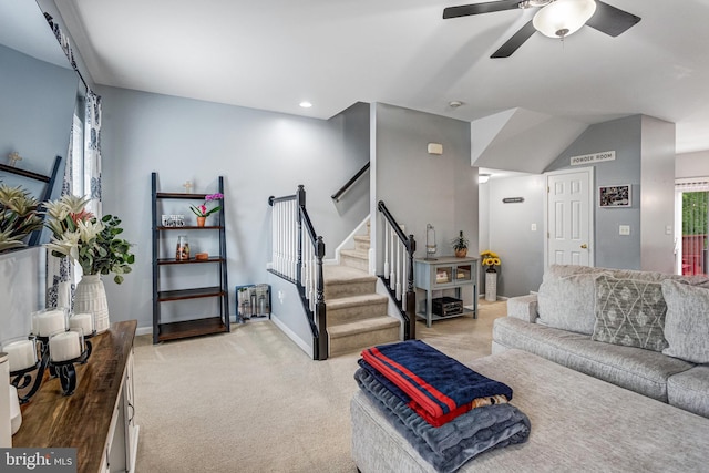 107 Pelican Cv, Stafford, VA 22554 - living area with stairs, a ceiling fan, light colored carpet, and recessed lighting