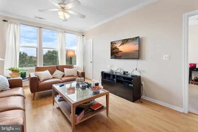 12000 Market St Unit 378, Reston, VA 20190 - living room featuring a ceiling fan, ornamental molding, light wood-type flooring, and a baseboard radiator
