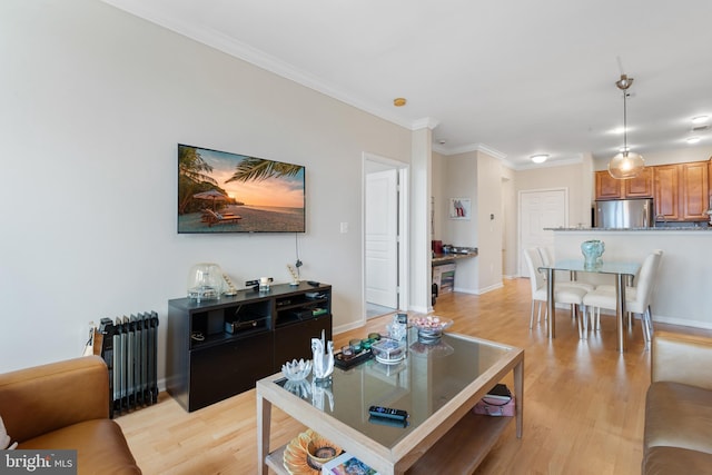 12000 Market St Unit 378, Reston, VA 20190 - living room with radiator, light wood-style flooring, and crown molding