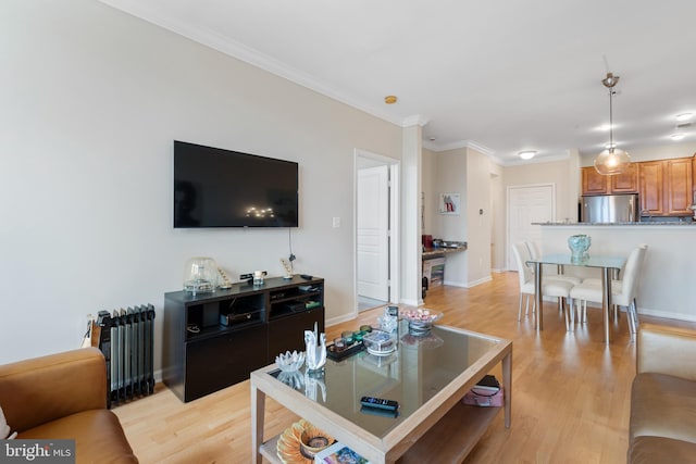 12000 Market St Unit 378, Reston, VA 20190 - living room featuring light wood finished floors, crown molding, and radiator