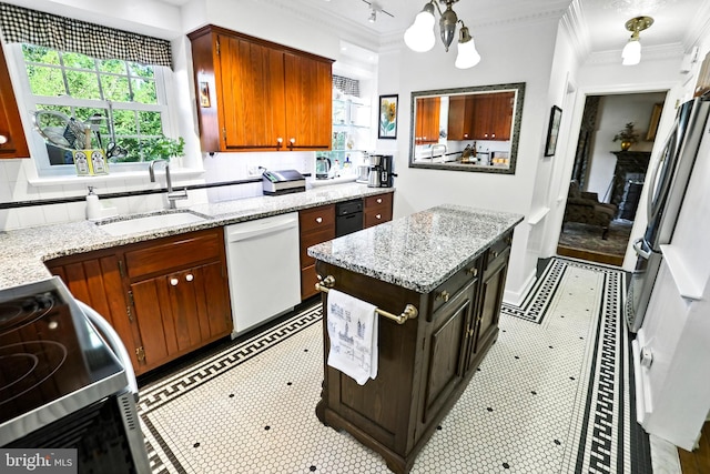 1722 Swamp Pike, Gilbertsville, PA 19525 - kitchen with dishwasher, stainless steel electric stove, ornamental molding, light stone countertops, and decorative backsplash
