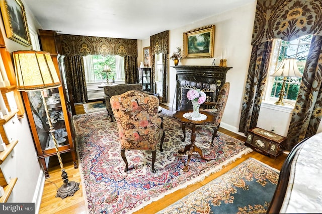 1722 Swamp Pike, Gilbertsville, PA 19525 - sitting room featuring radiator heating unit, wood finished floors, and a fireplace