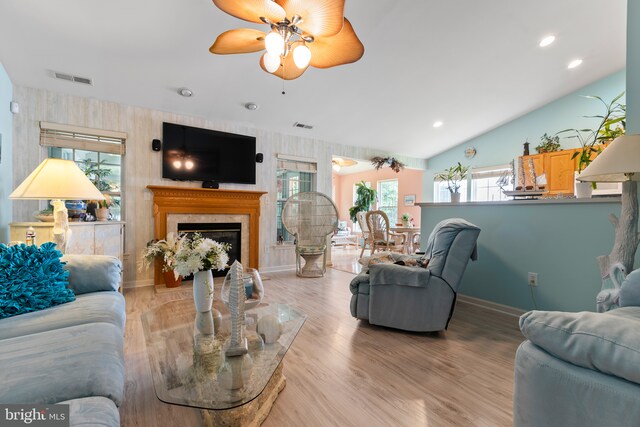 32618 Seaview Loop, Millsboro, DE 19966 - living area featuring a ceiling fan, a premium fireplace, light wood-type flooring, recessed lighting, and lofted ceiling