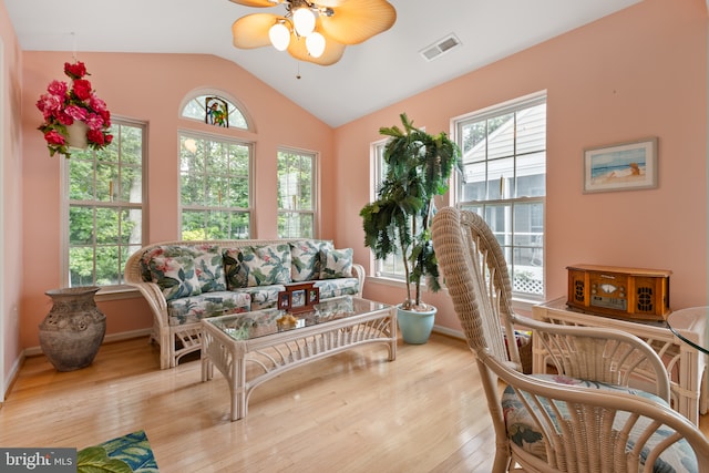 32618 Seaview Loop, Millsboro, DE 19966 - living room with vaulted ceiling, light wood finished floors, and ceiling fan