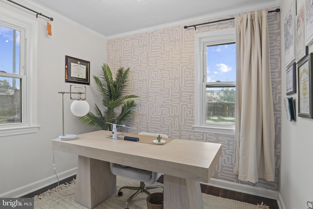 5117 Duel Pl, Capitol Heights, MD 20743 - home office featuring ornamental molding, wallpapered walls, and plenty of natural light