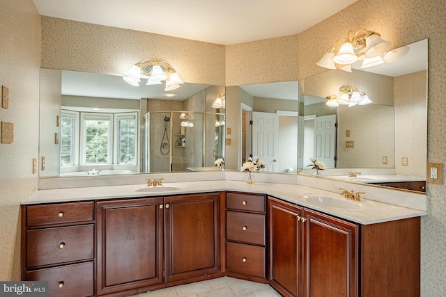 4 Taylor Chase Ln, West Chester, PA 19382 - bathroom featuring double vanity, a stall shower, a chandelier, and tile patterned floors