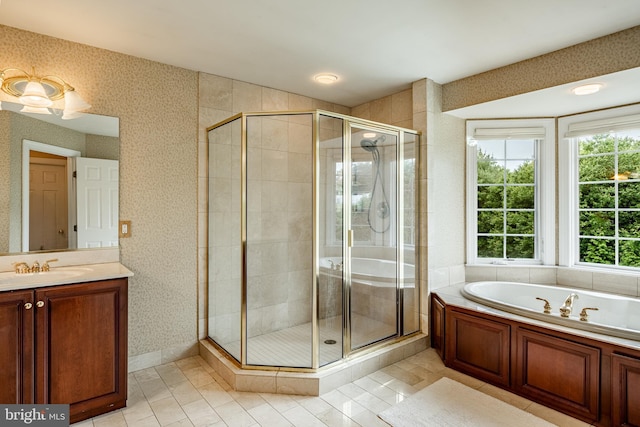 4 Taylor Chase Ln, West Chester, PA 19382 - full bathroom featuring vanity, a stall shower, a bath, wallpapered walls, and tile patterned floors